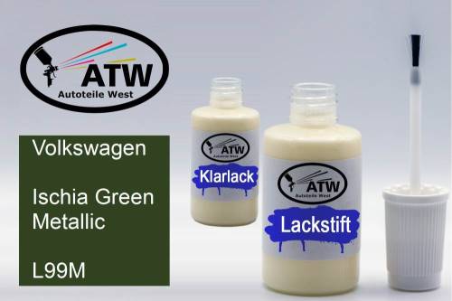 Volkswagen, Ischia Green Metallic, L99M: 20ml Lackstift + 20ml Klarlack - Set, von ATW Autoteile West.